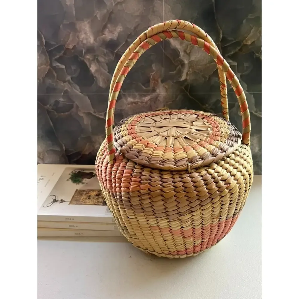 Handwoven Large Basket with Lid Double Handles